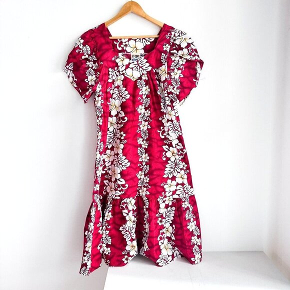 Vintage Hawaiian Togs Floral Red White Hawaiian Midi Dress M - Picture 1 of 8